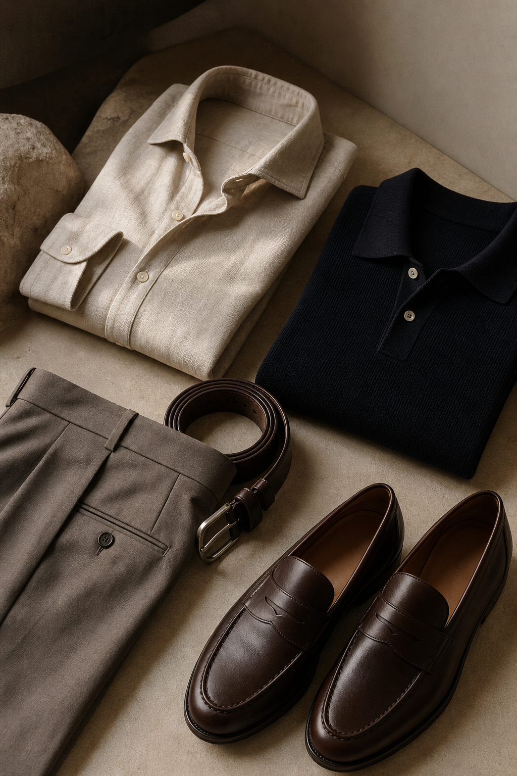 Varenford refined menswear wardrobe still life with shirt trousers loafers and knit polo