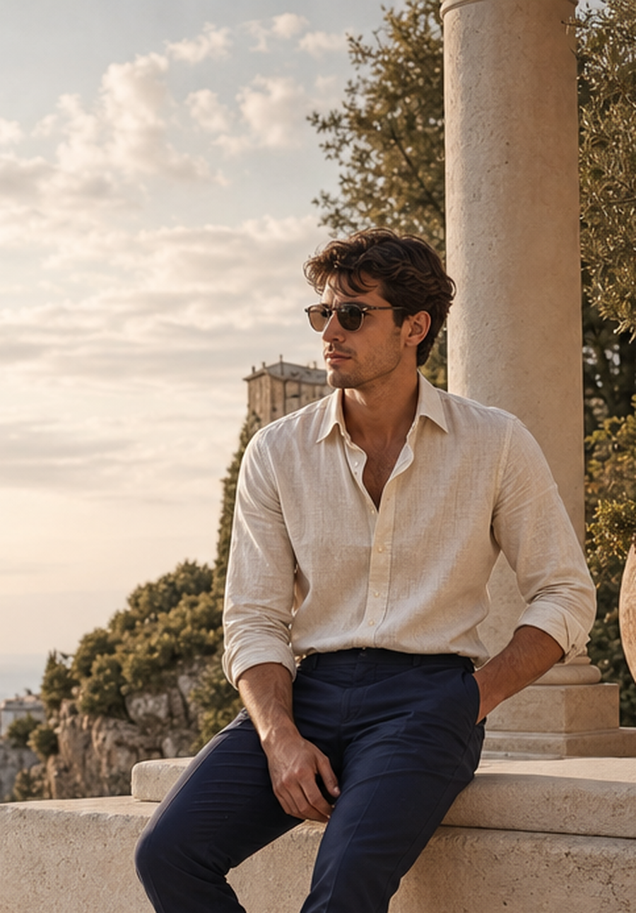 Varenford mobile hero image matching the seated linen menswear outfit