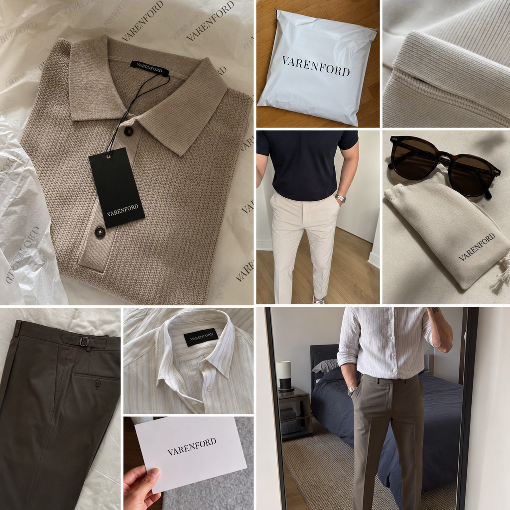 Varenford menswear customer photo collage with smart casual outfits and branded packaging